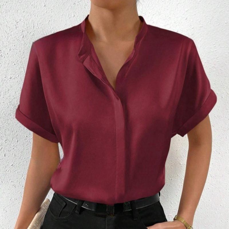 Модная однотонная атласная повседневная рубашка с коротким рукавом, женские летние топы, элегантные простые блузки с воротником-стойкой, женские узкие офисные рубашки на пуговицах 26558