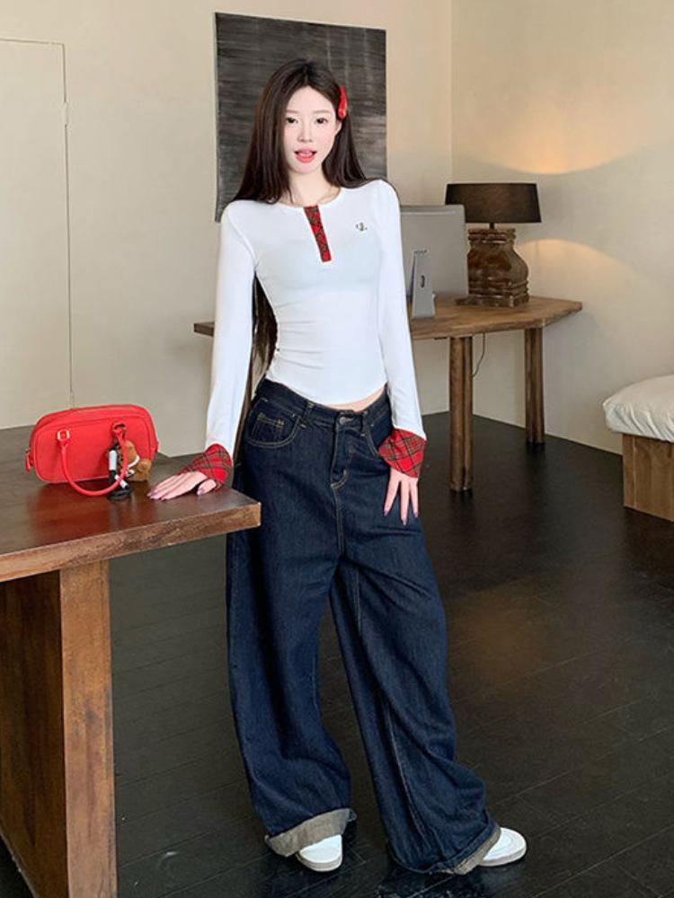 Корейские дизайнерские клетчатые футболки женские осенне-зимние лоскутные футболки с длинным рукавом винтажные топы с круглым вырезом в стиле 2000-х годов