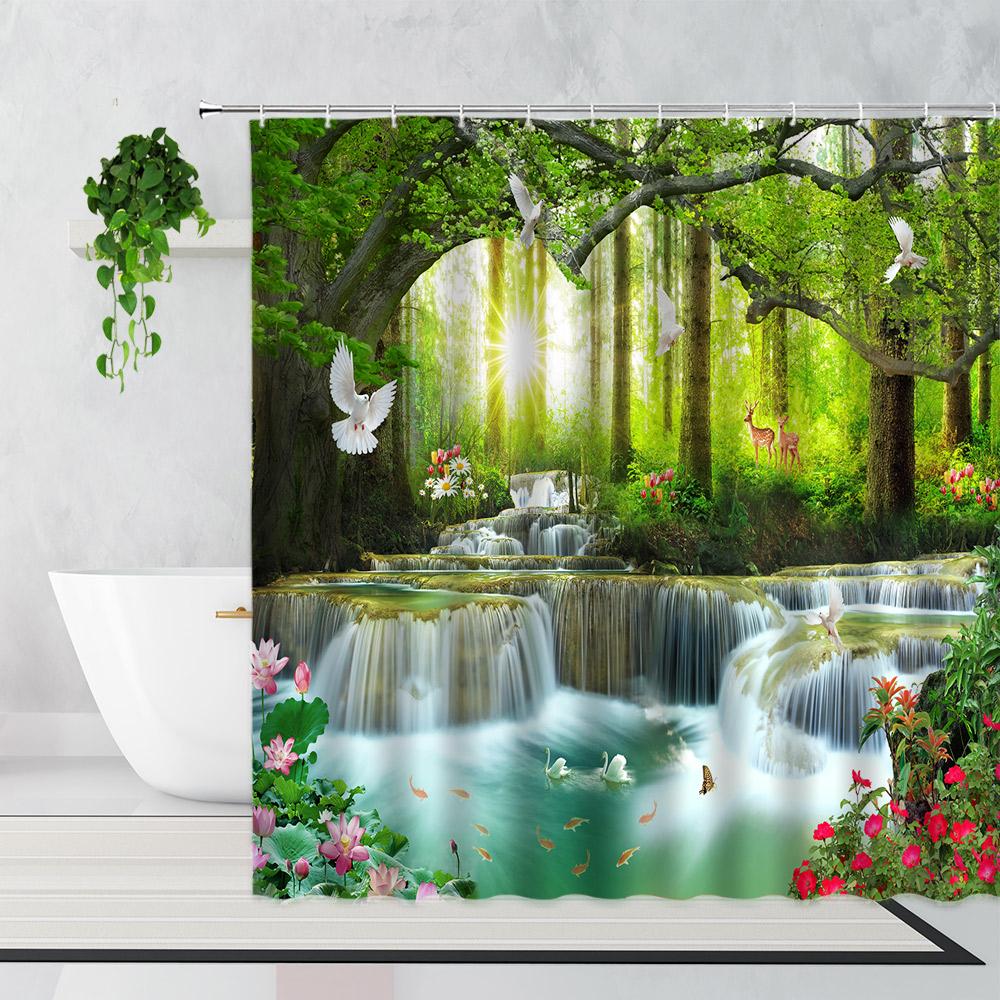 Zen Bamboo Forest Shower Curtain Summer Forest Jungle Waterfall Rock Nature Scenery Bath Curtains Set Green Landscape Bathroom