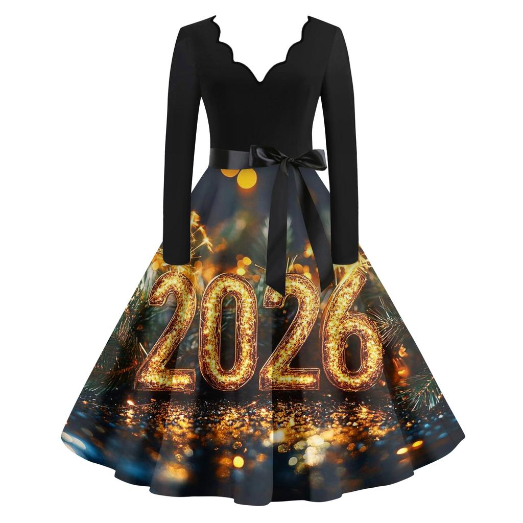 Женское повседневное модное платье винтажного стиля с V-образным вырезом и новогодним принтом