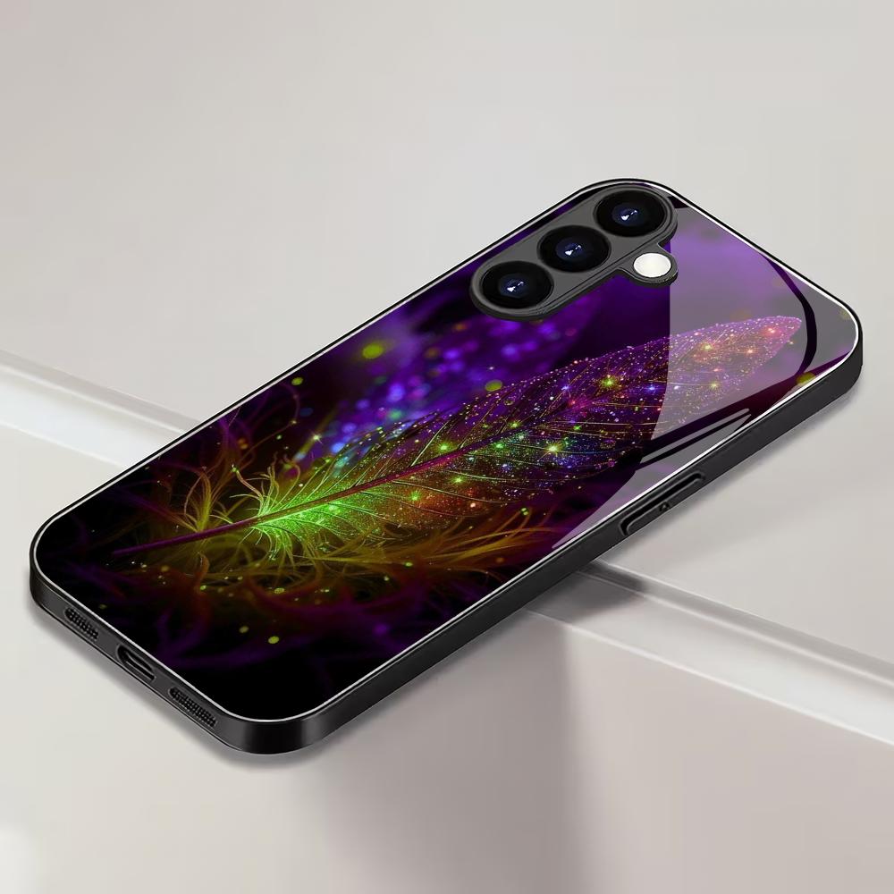 Закаленное стекло с узором из перьев для телефона, подходит для Samsung GalaxyS26 S25 S24 S23 S22 S20FE/Ultra/Plus, противоударная задняя крышка