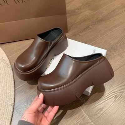 Модные шлепанцы на толстой подошве с увеличением высоты для женщин, весенне-осенние, для ношения на улице, на высоком каблуке, с закрытым носком, полушлепанцы, повседневные, коричневые, черные, мюли, шлепки