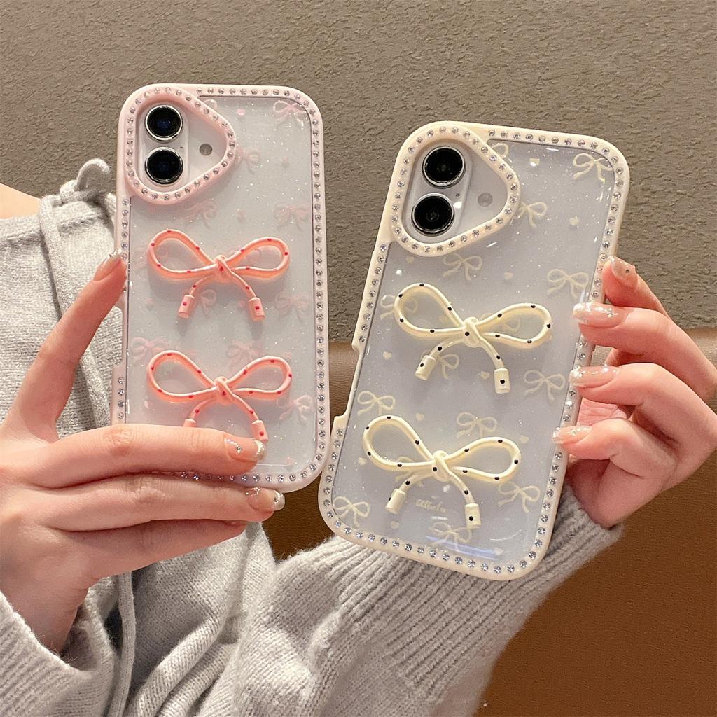 For iPhone 16 Plus Case Two Bow Epoxy Design TPU+PC Phone Back Cover Rhinestone Decor