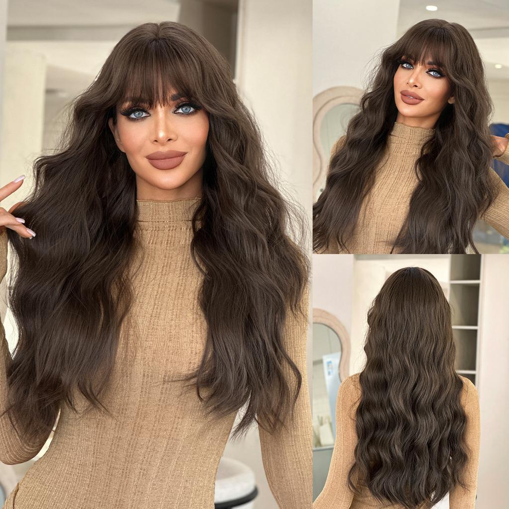 Extra Long Brown Big Waves Wig for Women - Rose Net Full Cap Voluminous Natural, Daily Quick Beauty, High Quality Hair Volume