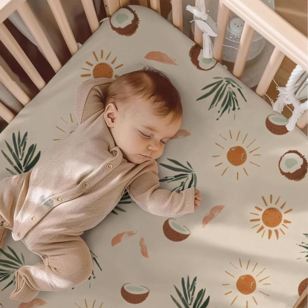 Летний Пальма Кокос Солнце Листья Узор Детские Простыни для Кроватки, Унисекс Летняя Тема Детская Простыня на Резинке для Мальчиков Девочек Стандартная Кроватка и Малыш