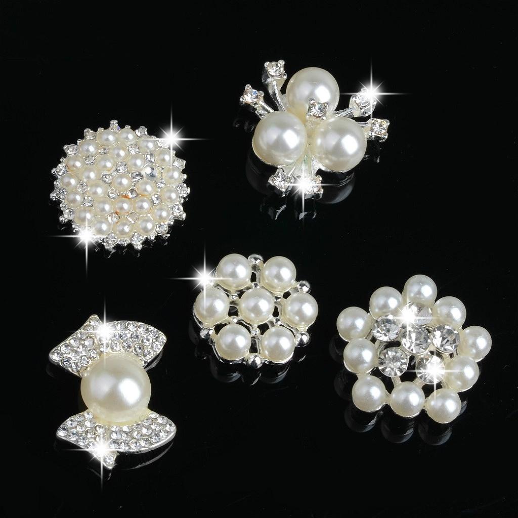 5 Pieces Rhinestone Crystal Pearl Embellishment Buttons Flatback