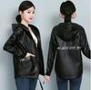 Winter Ladies Casual Leather Slim Coat Leather Jacket Black Simple Hooded