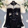 Осенние женские винтажные черные сетчатые бархатные лоскутные облегающие вечерние платья с рыбьим хвостом