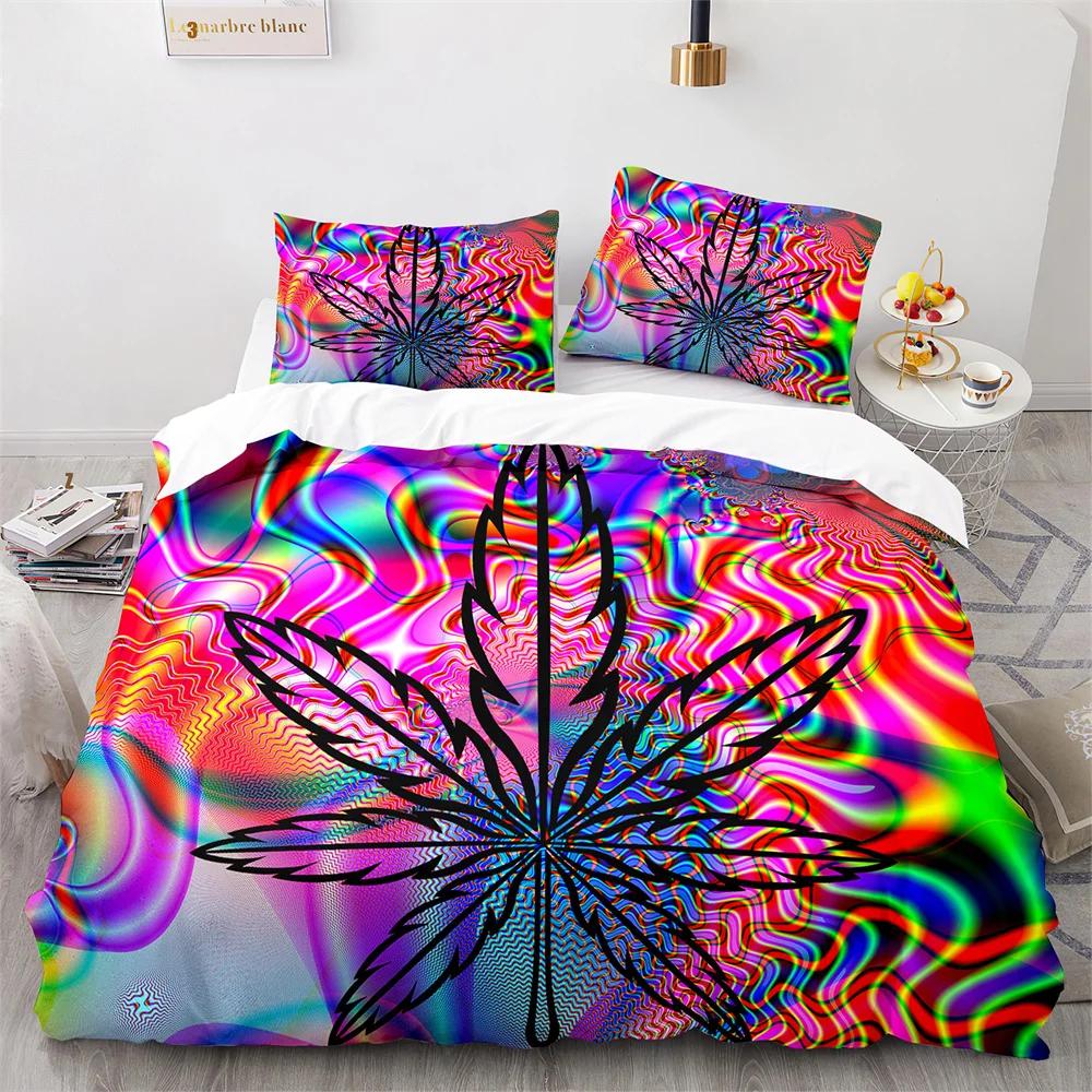 Weed Green Leaf Duvet Cover Watercolor Purple Blue Polyester King Queen Maple Leaf Duvet Cover For Women Men Bedroom Decoration
