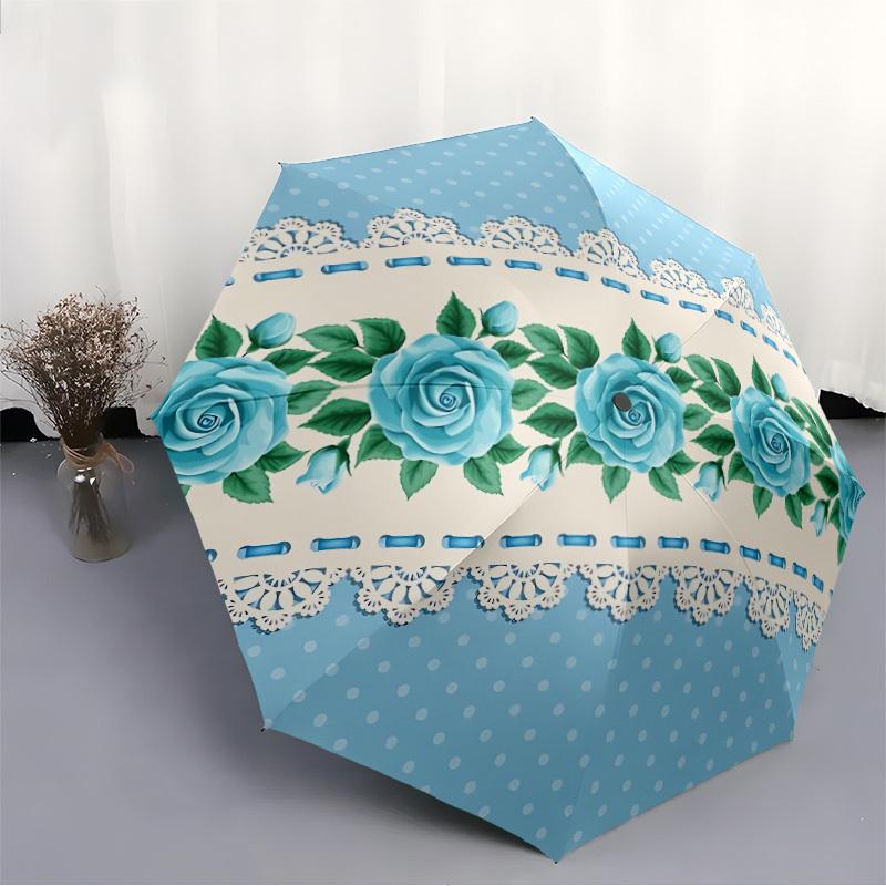 1pc Blue Roses Lace Automatic Cute Umbrella 8-Bone Design Compact Gear for Outdoor Travel, Perfect Holiday Gift yy251230006
