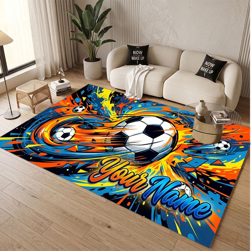 Soccer Theme Soft Crystal Velvet Rug Custom Name & Text Print Non Slip Floor Rug for Bedroom Living Room