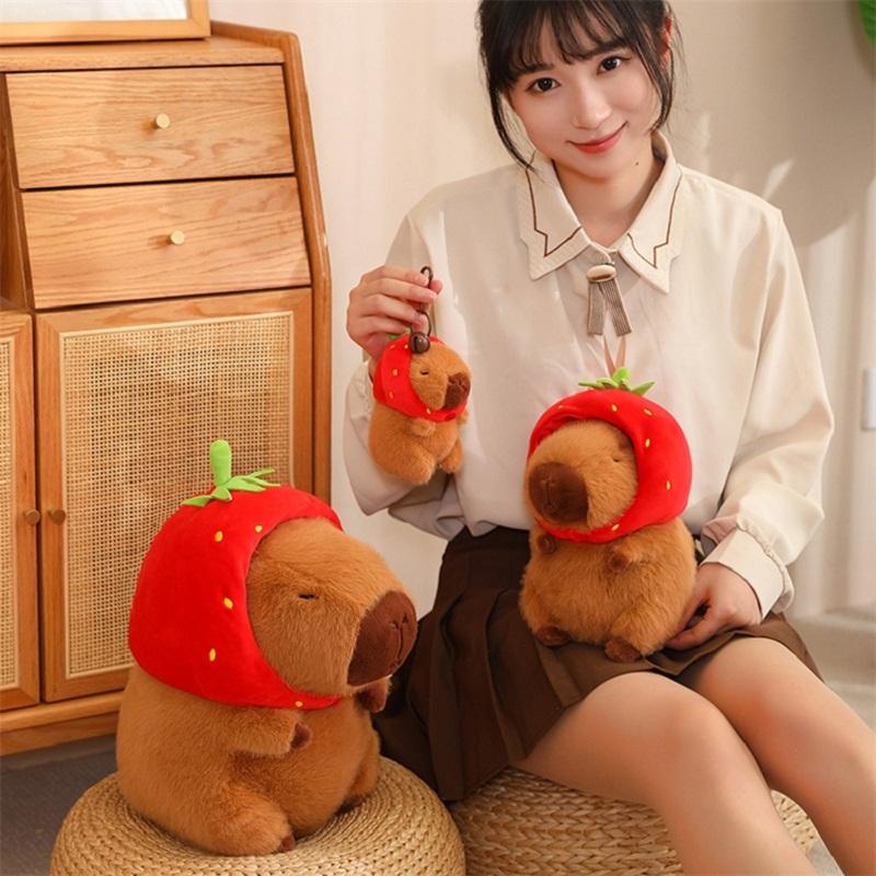 Strawberry Hat Capybara Pendant Plush Keychain Detachable Hat Realistic Soft Stuffed Animal Doll Plush Capibara Toy Kid's Gift