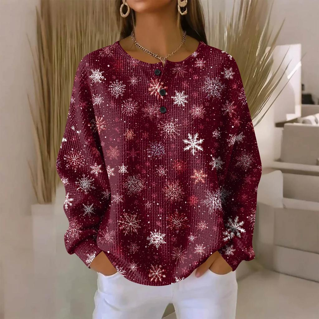 Women's Fashionable Casual Christmas Print V-Neck Long-Sleeved Button-Down Blouse