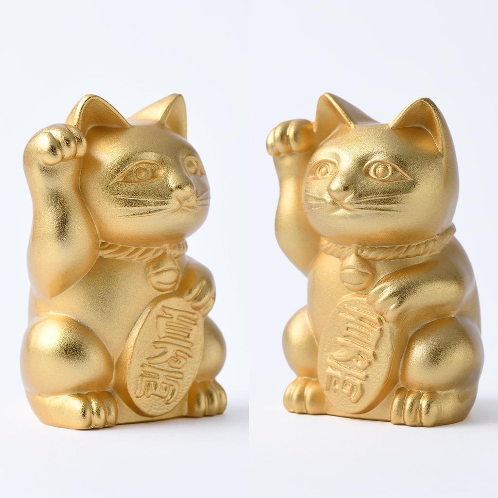 Ginjado Maneki Neko Matte Gold Hand of Cat Maneki Neko Good Luck Feng Shui Figurine Takaoka Copperware Neko (Gold Plated, Painted)_Right Raised/Made