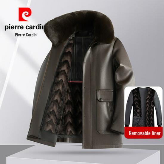 Мужская кожаная куртка Pierre Cardin 2025 с воротником-стойкой - Повседневная, Универсальная, Теплая, С подкладкой из бархата для мужчин среднего возраста