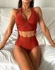 Sexy Women's Swimsuit Solid Color Halter Neck Drawstring High Waist Bikini Set Beachwear Bathing Suits