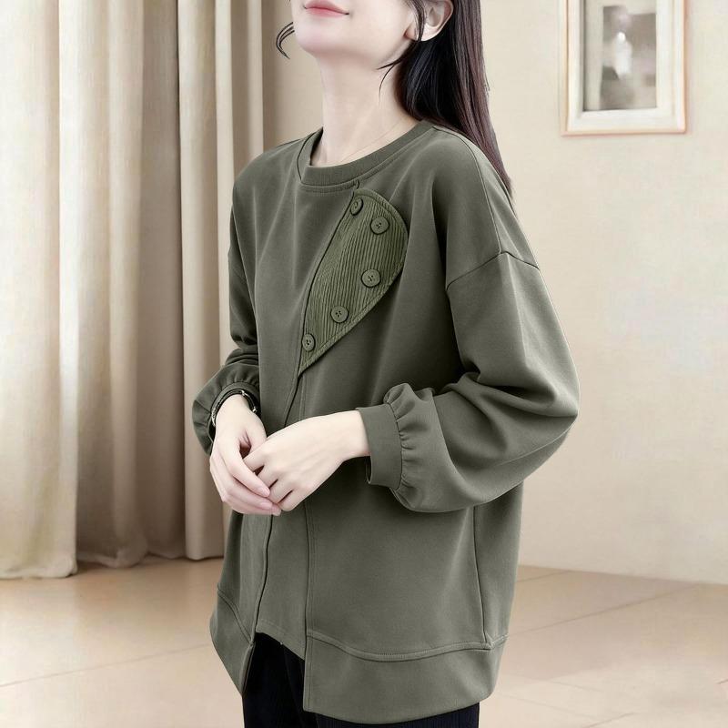 Fashionable Round Neck Pullover Women's Sweatshirt Spring Button Splicing Design Loose Long-sleeved Top Trendy
