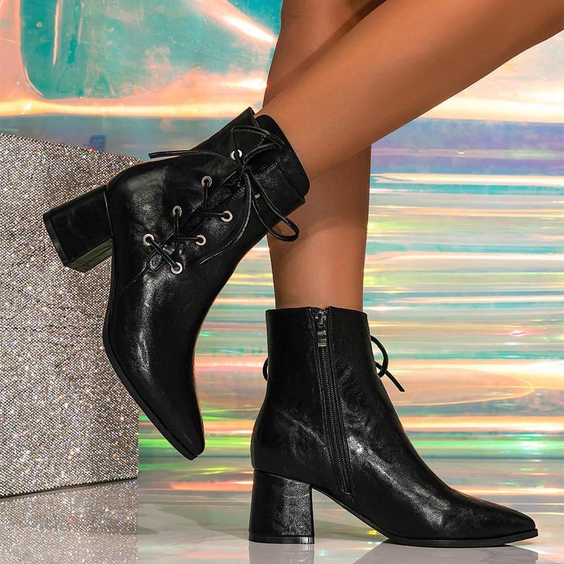 Women Patent Leather Cross Tie Pointed Toe High Heel Ankle Boots Autumn Winter Chelsea Short Boots Office Lady Fashion Shoes