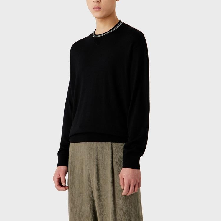 Emporio Armani FW23 Вязаный свитер с полосатой отделкой, круглым вырезом и длинными рукавами, мужской свитер, черный 6R1MXG-1MNGZ-0999