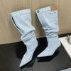 New Style Stitching Pleated Denim Pants Knee High Boots Women Button Pocket Decor Patchwork Autumn Winter Slim Heels Shoes