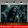 2D planar flag, 2D plane - 1 piece of 2D flag. Halloween zombie-themed background, featuring skulls and zombies.