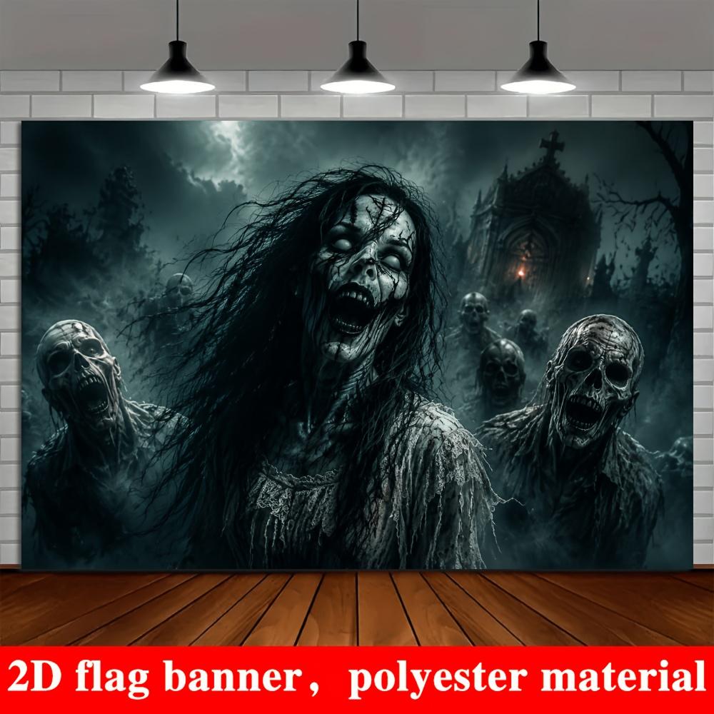 2D planar flag, 2D plane - 1 piece of 2D flag. Halloween zombie-themed background, featuring skulls and zombies.