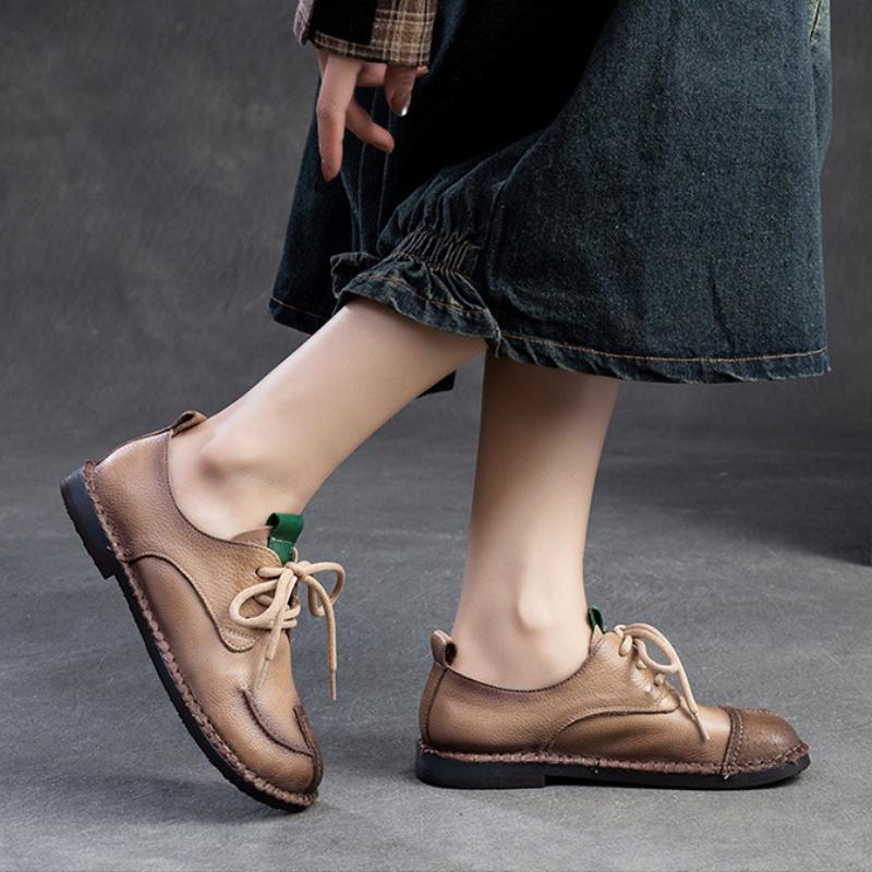 Johnature Genuine Leather Soft Sole Women's Shoes Vintage Round Toe Lace-up Versatile Comfortable Flat Shoes