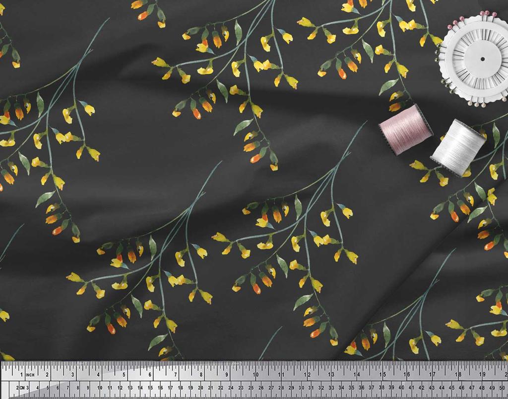 Soimoi Черная японская креп-сатиновая ткань с акварельным принтом и листьями, ткань для рукоделия шириной 42 дюйма по метрам
