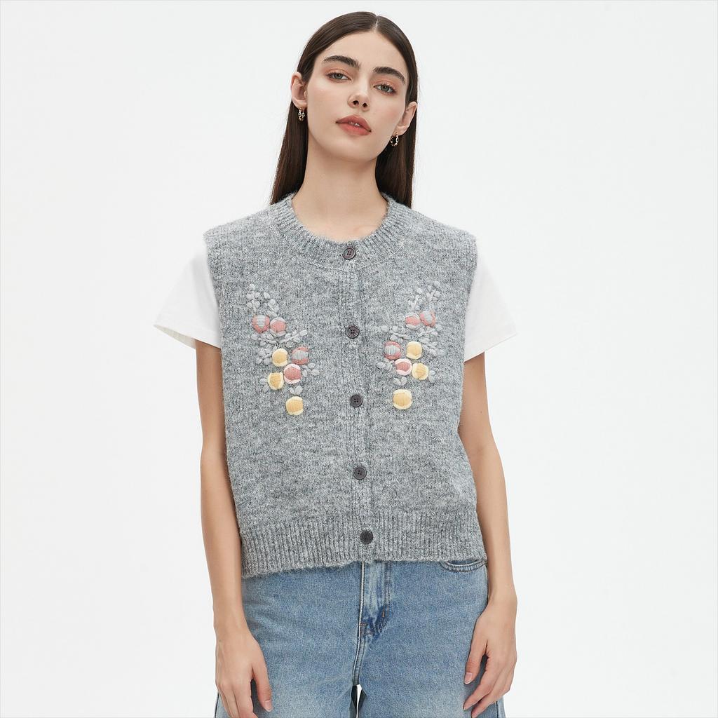 Dimanaf 2025 Короткий жилет свитер Осень Женщины Принт цветов Свитера с круглым вырезом Вязание Белый свитер