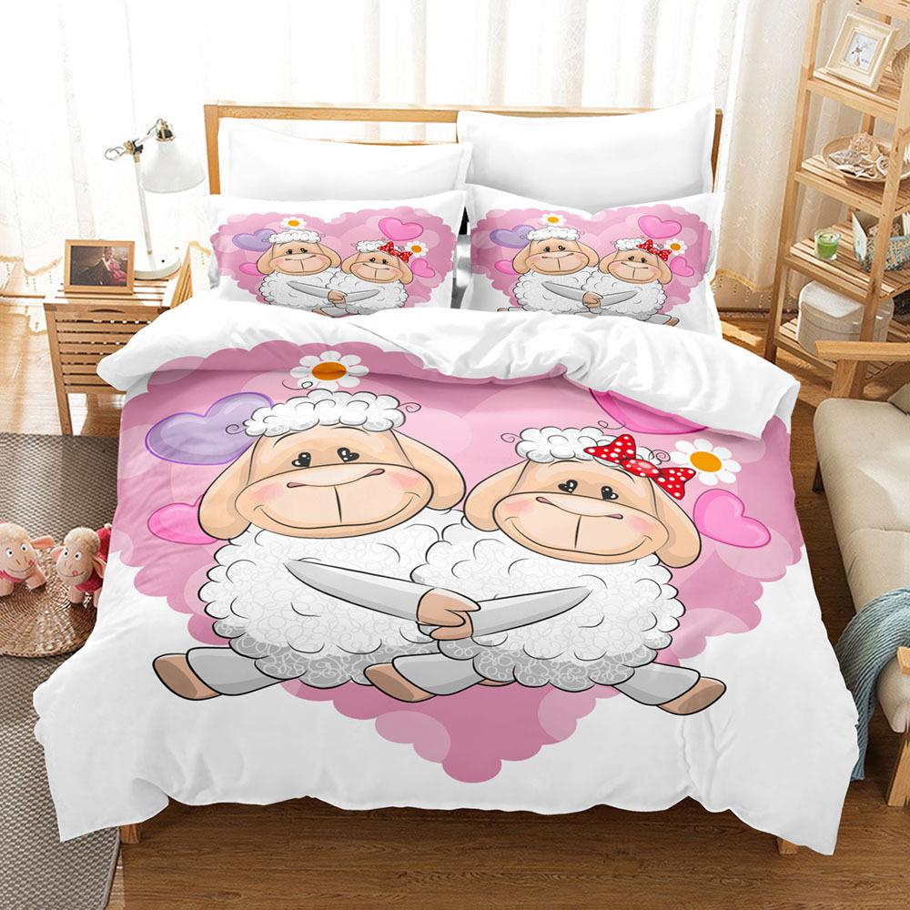 Комплект постельного белья с изображением животных, мультяшный узор в виде белой овцы, кавайный, King Queen Twin, полный размер для детей и подростков, комплект постельного белья из полиэстера