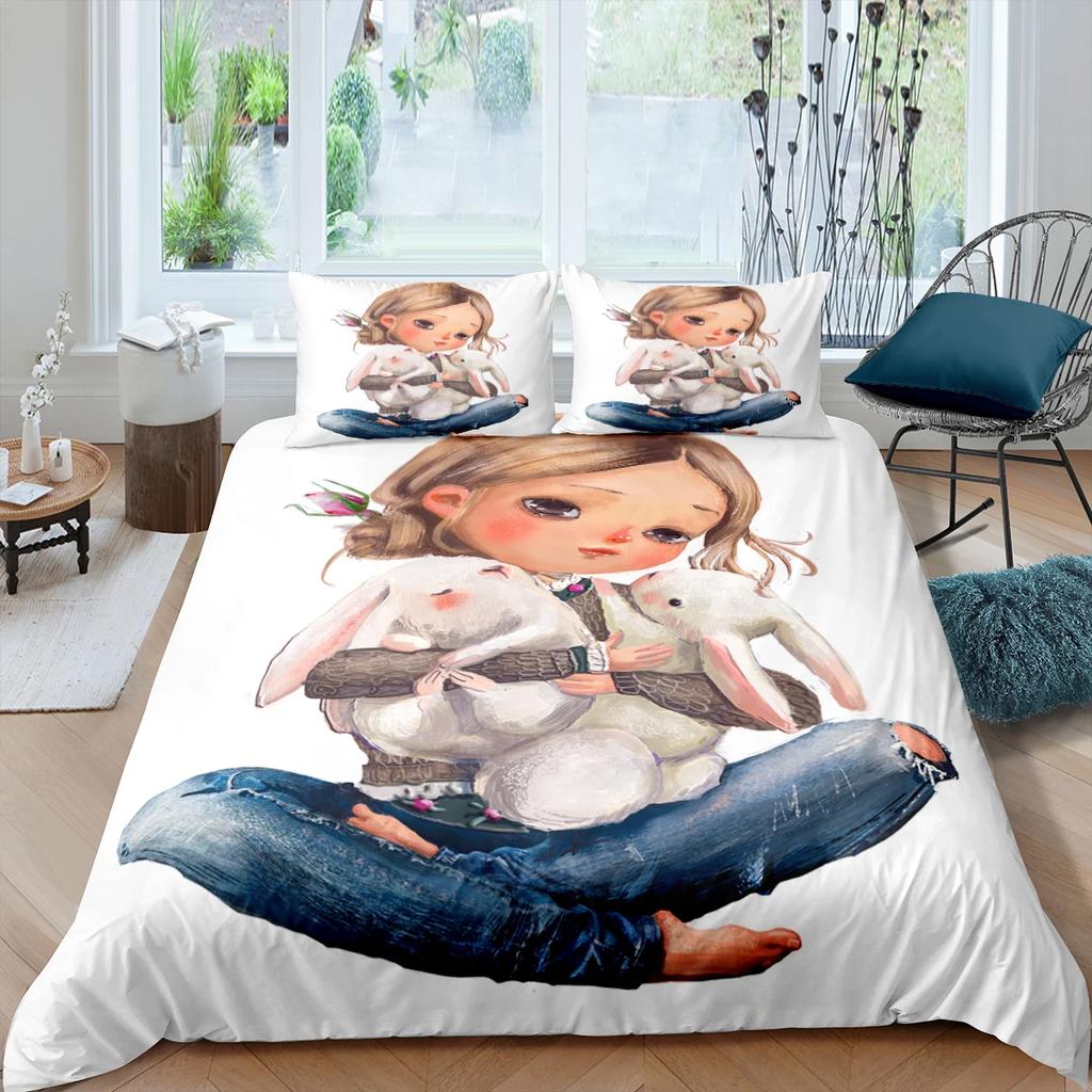 Cute Doll Little Girl Comforter Cover White Background Sof Microfiber Duvet Cover +pillowcases Bedding Sets For Dormitory Single