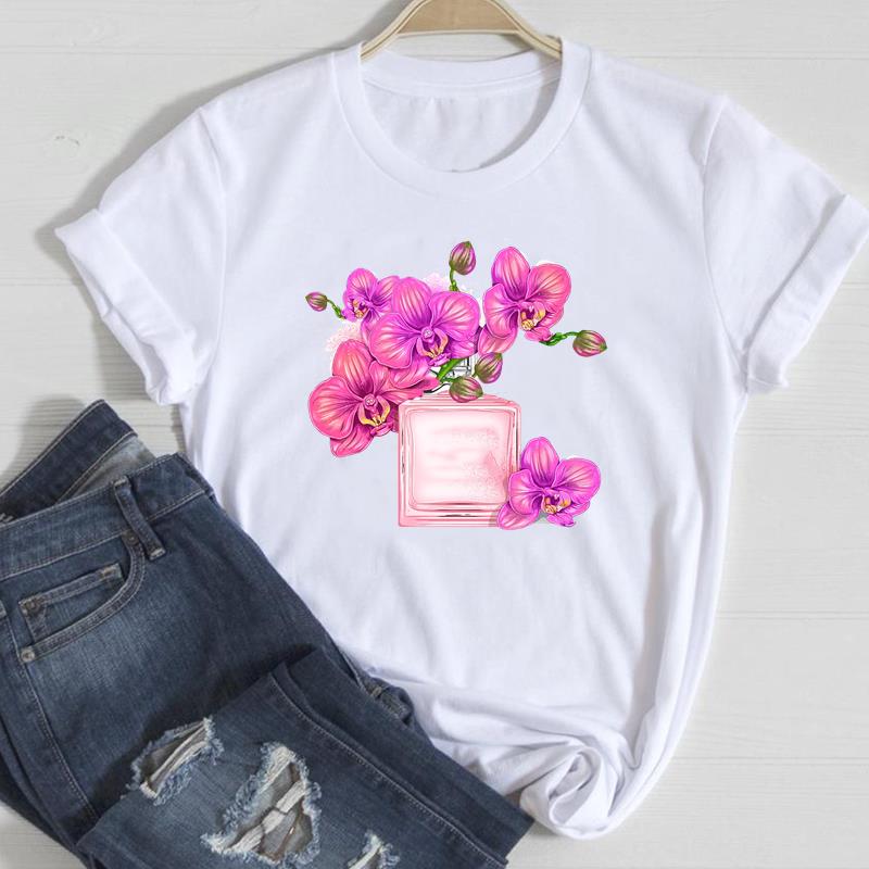 (Азиатский размер) Одежда Повседневная футболка с акварелью и цветочным принтом в стиле 90-х годов, модная футболка с коротким рукавом, женская футболка с круглым вырезом и графическим принтом