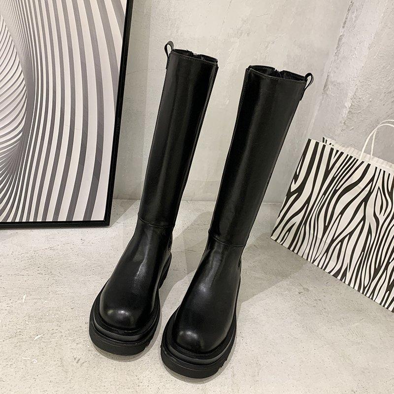 Fashion Woman's Platform Zipper Spring Autumn PU Leather Non-slip Knee High Luxury Designer Casual Women Chunky Long Black Boots