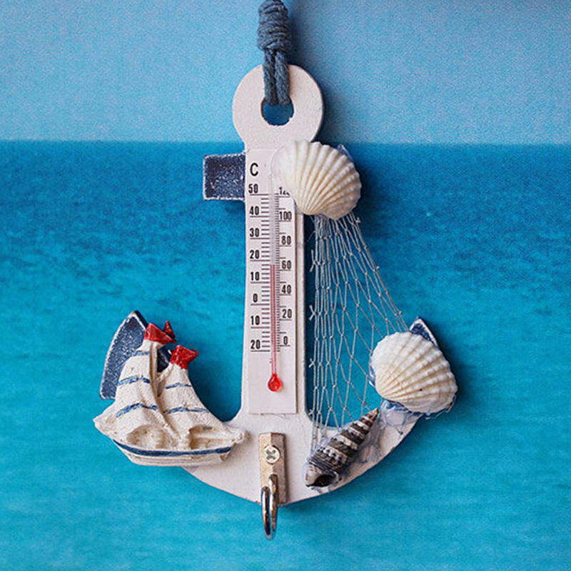 Wood Anchor Thermometer Crafts Art Wall Hanging Hook Meter Gauge Shell Nautical Decor