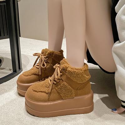 Теплые зимние ботинки для женщин 2024 года, зимняя обувь из плюша с хлопковой подкладкой, женские кожаные ботинки на высоком каблуке 7 см, туфли на толстой платформе