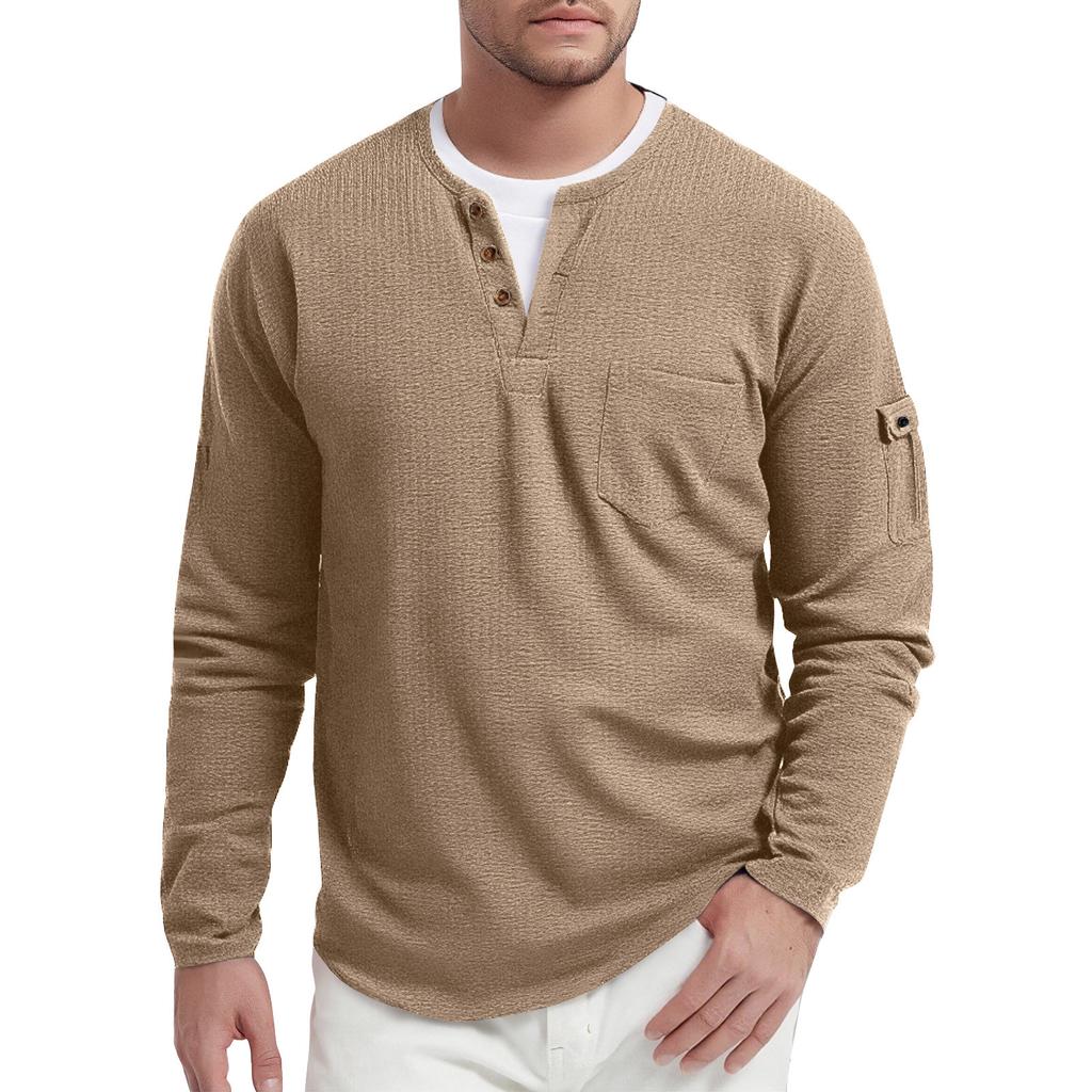 Men's Spring Solid Color Fake Two-Piece Double-Layer V-Neck Pocket Long Sleeve Top
