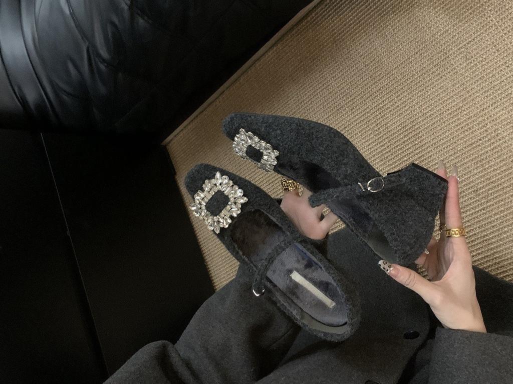 Толстый каблук с квадратной головкой, серые одинарные туфли со стразами, женские, новинка 2024 года, осенне-зимние туфли Mary Jane Mao