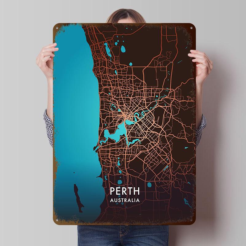Perth Setup Decorations Australia Map Tinplate Posters Customizable Wall Art Retro Vintage Metal Signs for Home Room Wand Deko