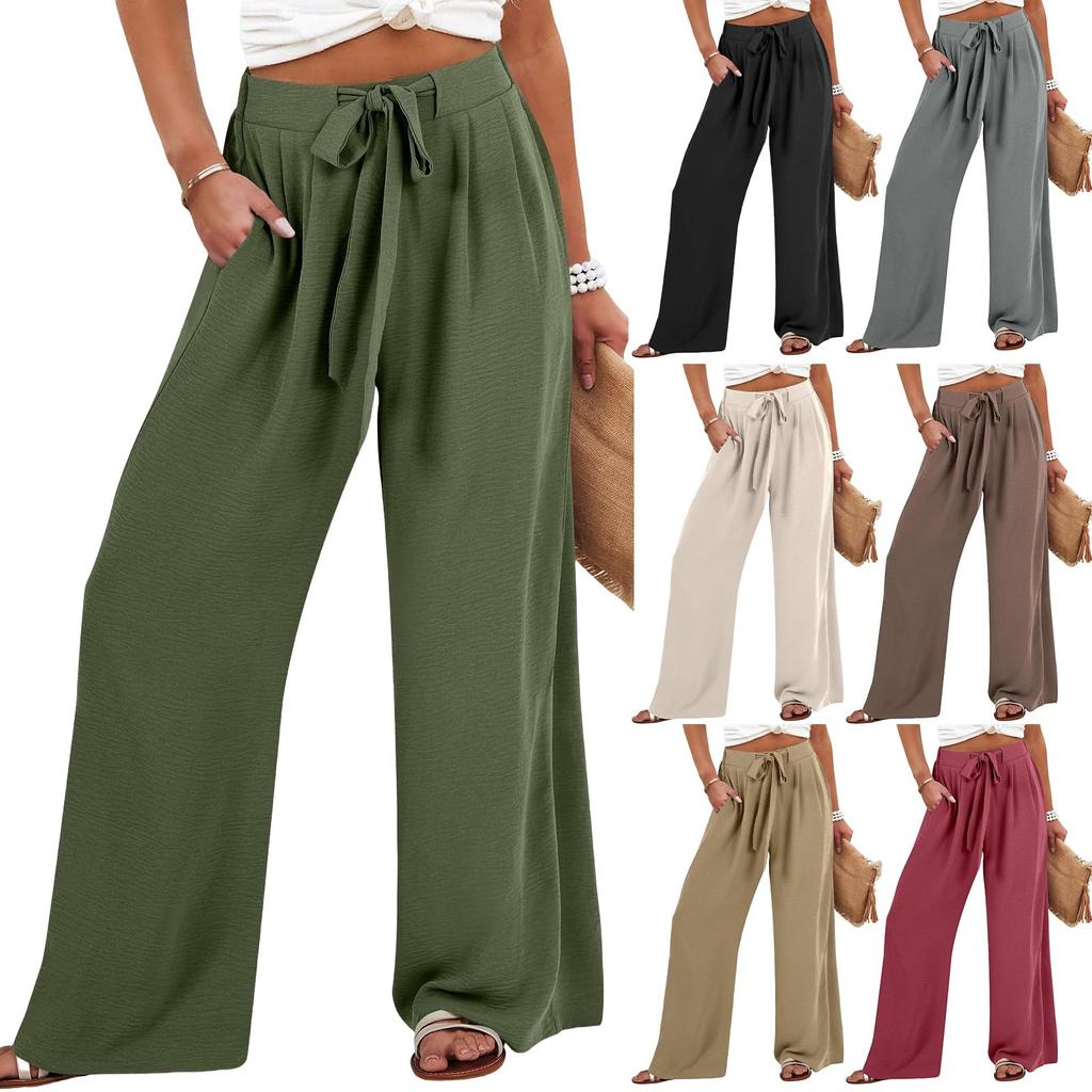 Womens Wide Leg Palazzo Pants High Waisted Adjustable Tie Knot Flowy Trousers Casual Loose Pant With Pockets