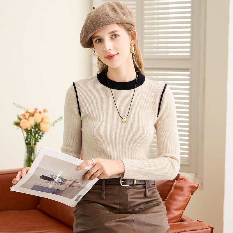 TUHUANG Women's 100% Wool Color-Block Ribbed Slim Fit Base Layer Sweater