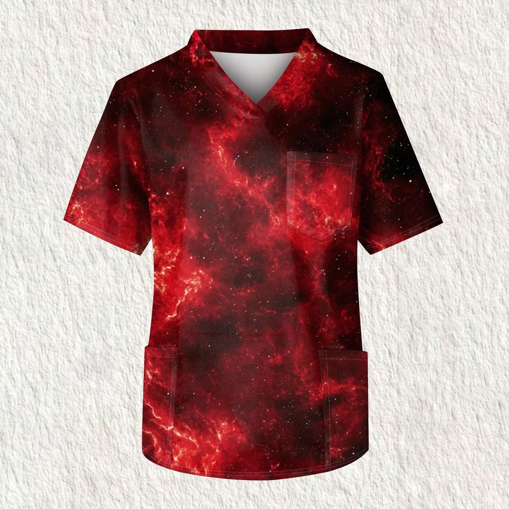 Мужская рабочая блузка с короткими рукавами и v-образным вырезом с принтом, топ с нагрудным карманом