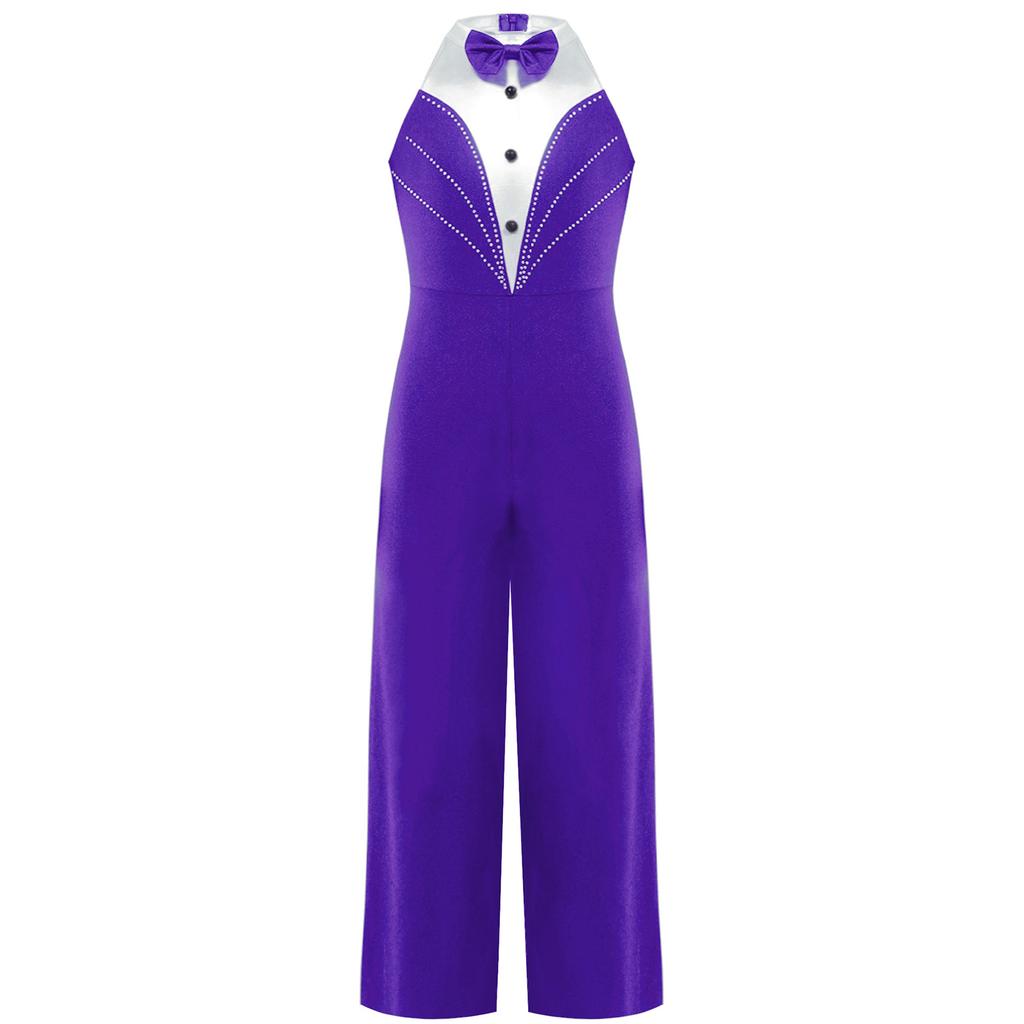 Kids Girls Sparkly Dance Jumpsuit Metallic Patchwork Rhinestone Color Block Design Sleeveless Stage Wear