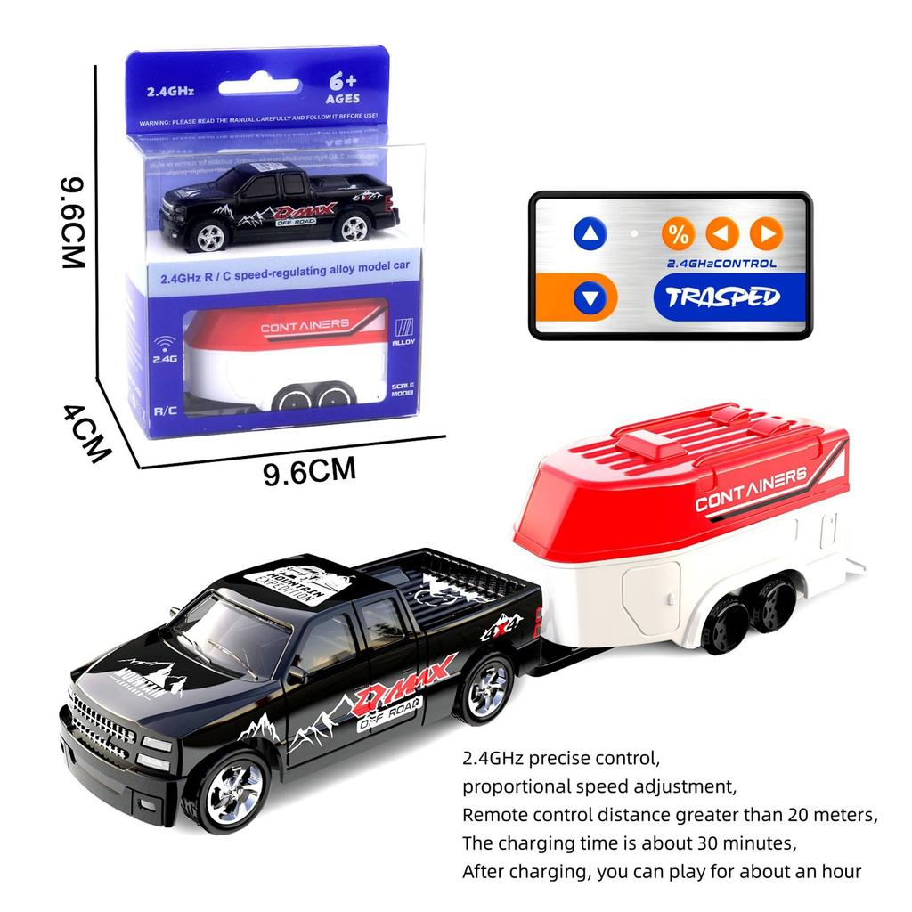 Remote Control Small Car, 1:64 Scale Off-Road RC Car, USB Rechargeable 2.4GHZ Three Speed Indoor Alloy Vehicle (8801B With Trailer)
