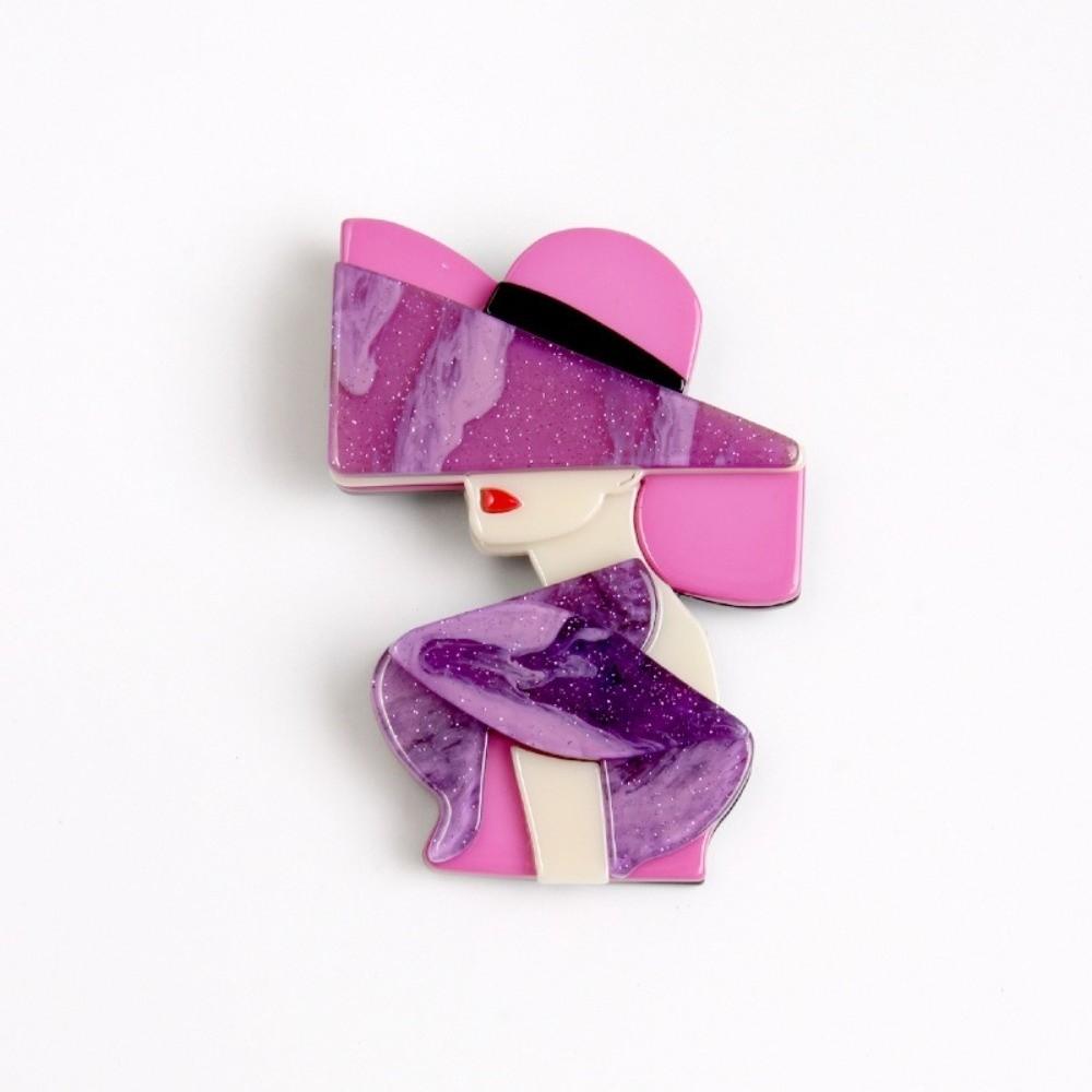 Cartoon Women Portrait Pin Acrylic Girl Badge Retro Lady with Hat Brooch