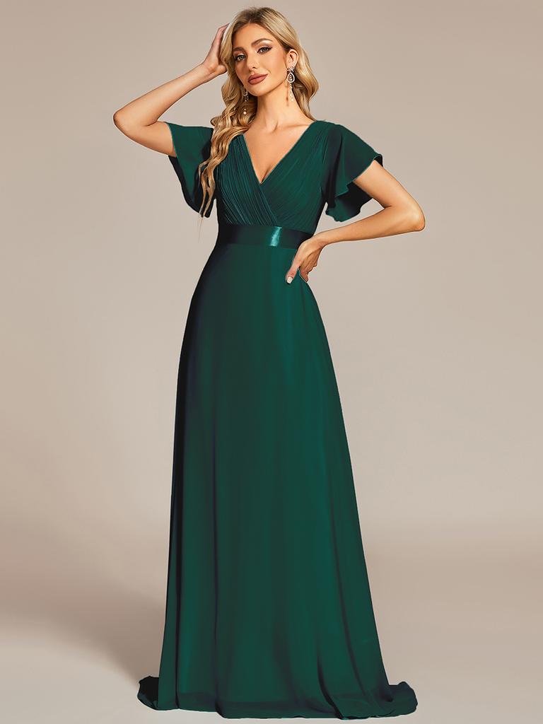 Ever-Pretty Women's Double V-Neck Empire Waist Floor Length Chiffon Evening Dresses with Short Flutter Sleeves