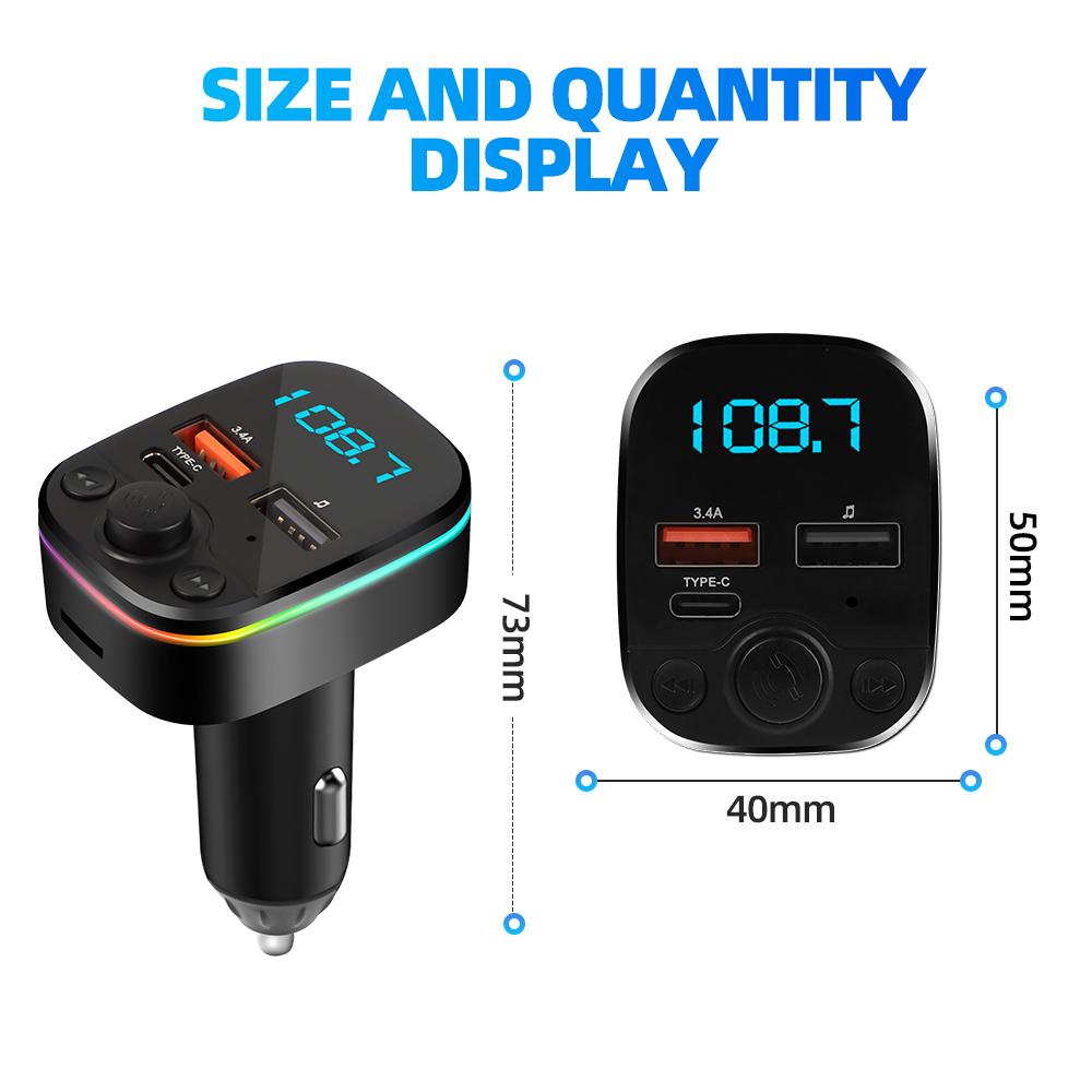 3in1 Car Bluetooth 5.0 FM Transmitter Mp3 Player 3.4A Dual Port USB +Type C PD Fast Charger With Remote Control Ambient Light Wireless Audio Receiver
