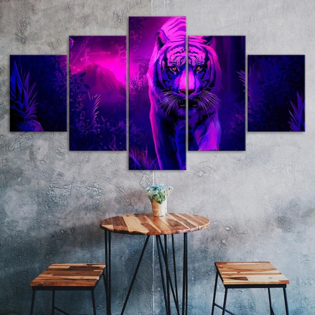 Mystic Tiger Purple Forest Scenery 5 Piece Five Panel Wall Canvas Print Modern Art Poster Picture Home Decor Gift For Him For Her