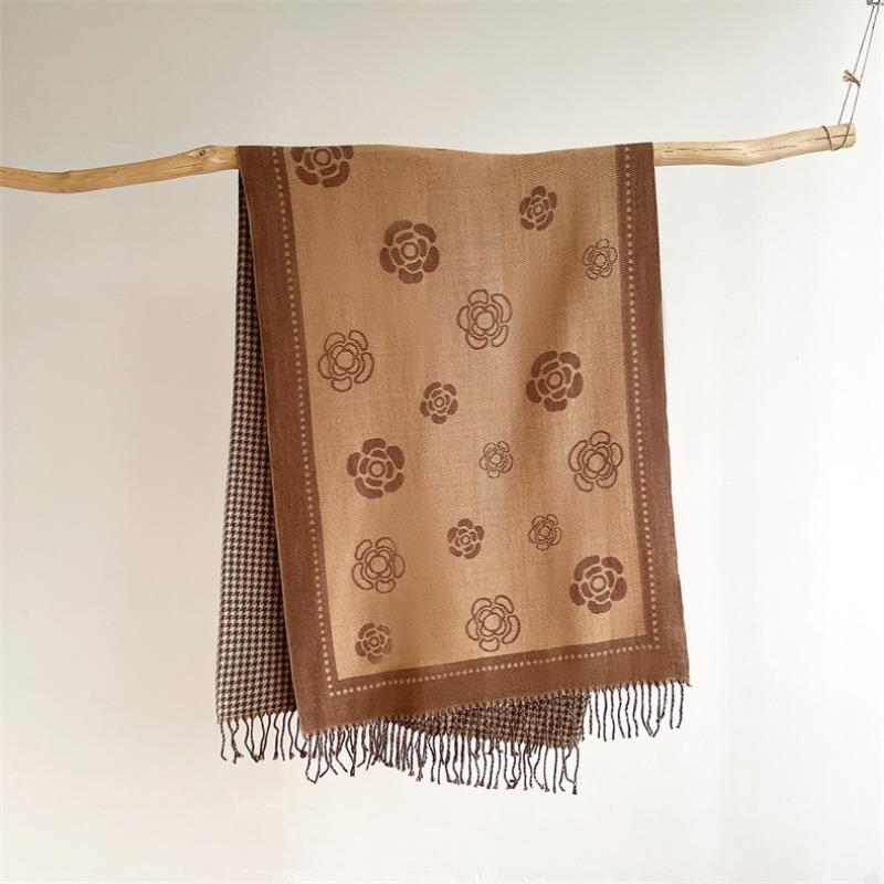 Scarf Women's Autumn and Winter New Core-spun Yarn Camellia Thousand Bird Grid Double-sided Warm Shawl Versatile Decorative Cashmere Scarf