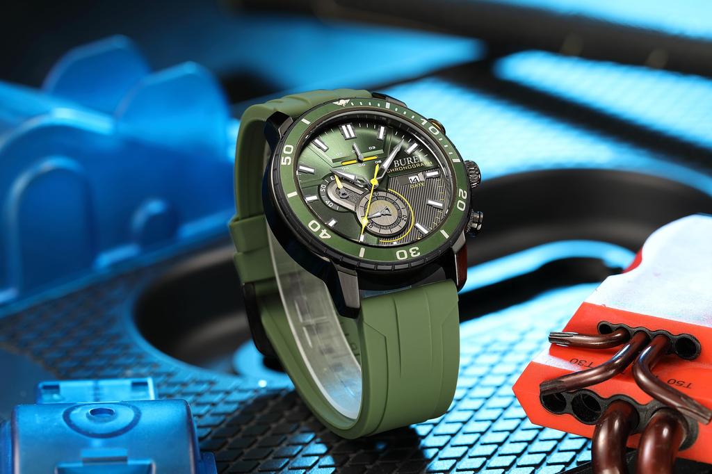 Часы Аналоговый хронограф Кварцевые часы Зеленый уретановый ремень Водонепроницаемые часы с датой Подарочные [BUREI] Мужские Мужские Мужские