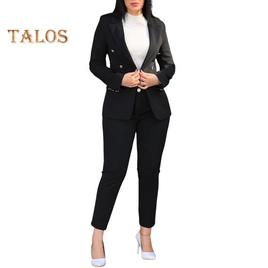 2 шт./комплект женский формальный пиджак брюки комплект с длинными рукавами двойные пуговицы узкий кардиган талия куртка средней длины прямые брюки с высокой талией формальный деловой
